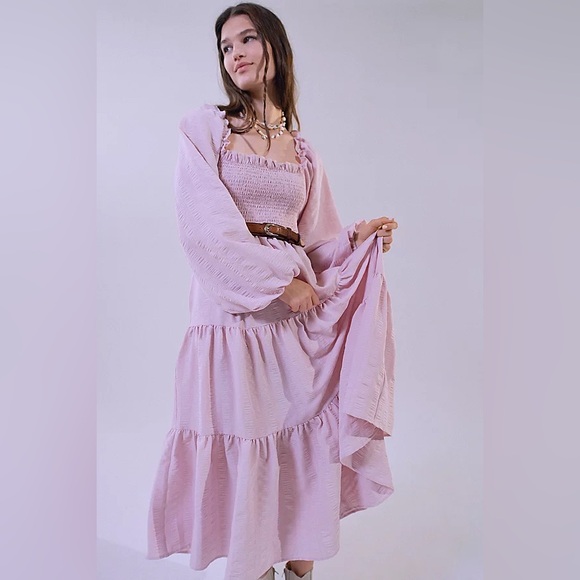 Urban Outfitters Dresses & Skirts - Urban Outfitters Pale Pink Gabriella Smocked‎ Tiered Midi Dress Long Sleeves SM